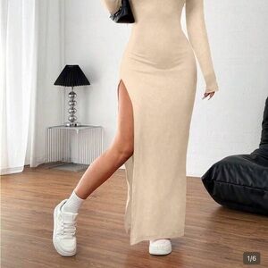 Long Sleeve Beige Bodycon Maxi Dress with Thigh Slit